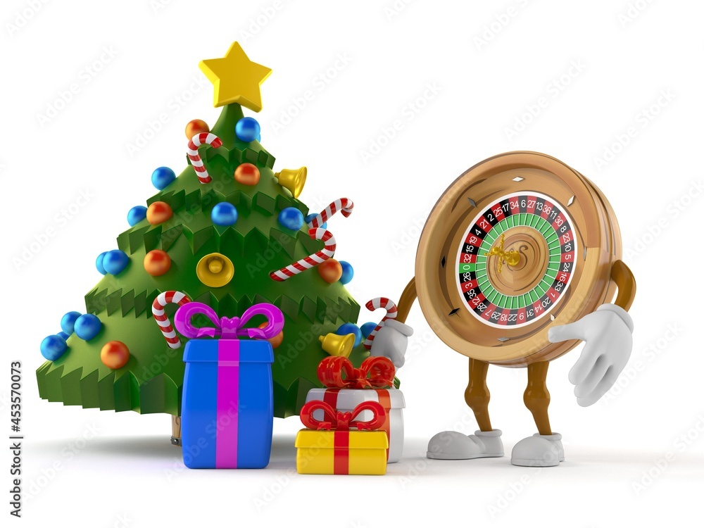 Sticker roulette character with christmas tree and gifts