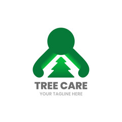 Tree care logo design template. Abstract man hugs fir-tree. Forest conservation and environmental awareness concept. Stock vector illustration.