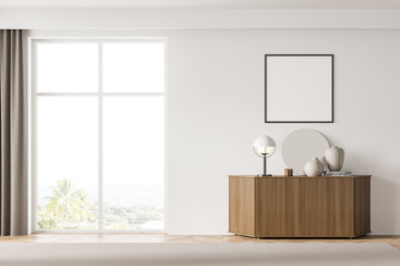 Living room interior with white empty poster, sideboard