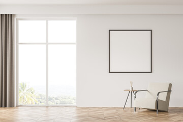 Living room interior with white empty poster, armchair, panoramic window