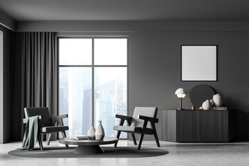 Dark living room interior with white empty poster