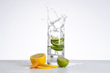 Lemon and lime in glass with splash