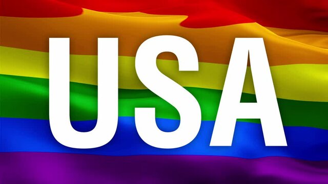 USA text on Rainbow waving flag. Pride 3d USA flag waving Isolated. Sign of Rainbow seamless loop animation. USA flag HD resolution Background.USA Rainbow flag LGBT Closeup 1080p Full HD video for pre