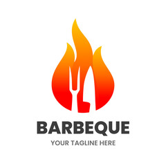 BBQ logo design template. Hot flame with a meat fork and a knife. Stock vector illustration.