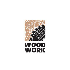 Woodwork logo design template. Saw blade on a wood texture. Stock vector illustration.
