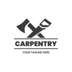 Carpentry logo design template. Axe and hand saw. Stock vector illustration.