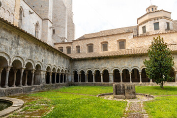 Fototapeta na wymiar Girona medieval city, beautiful courtyard of the Cathedral, Costa Brava of Catalonia in the Mediterranean. Spain