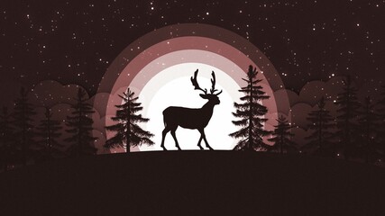 Christmas card with reindeer in front of a big full moon - Winter sky with snowflakes and pine forest - 3D illustration