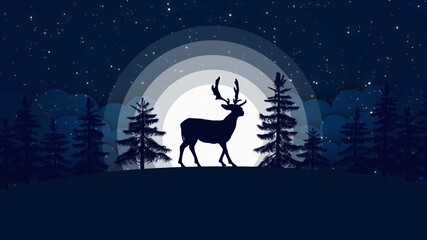 Christmas card with reindeer in front of a big full moon - Winter blue sky with snowflakes and pine forest - 3D illustration