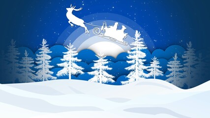 Winter blue sky with snow winter landscape and full moon - Santa Claus flies on sleigh with reindeer - Festive winter background for Christmas and New Year - 3D illustration