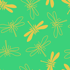 Fototapeta na wymiar Yellow dragonflies on a blue background. Seamless modern insect pattern for trendy fabrics, textiles, decorative pillows. Vector.