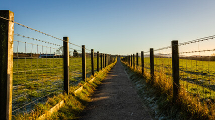 Fototapeta na wymiar A fenced trail through agricultural land in the Scottish countryside in winter