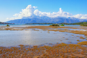 Beautiful wetland landscape. Montenegro.  View of Special Nature Reserve Tivat Saline  ( Tivatska Solila ) -  on sunny spring day