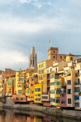 Fototapeta na wymiar Girona medieval city from the famous red bridge Pont de les Peixateries Velles, Costa Brava of Catalonia