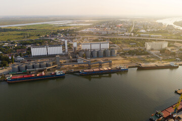 Loading ships with wheat grain for export in the port. Aerial view	