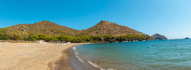 Cala Montjoi, beautiful beach of the Cap Creus Natural Park, Gerona, Costa Brava of Catalonia in...