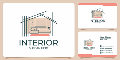 Minimalist interior logo with line art style logo design and business card template