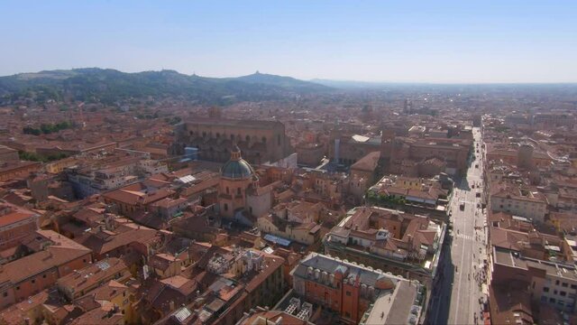 BOLOGNE, ITALY - Jul 04, 2019: The buildings and streets of old town Bologna in Italy from tower Asinelli - shot in 4K