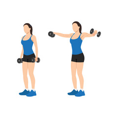 Obraz premium Woman doing Lateral side shoulder dumbbell raises. Power partials exercise. Flat vector illustration isolated on white background