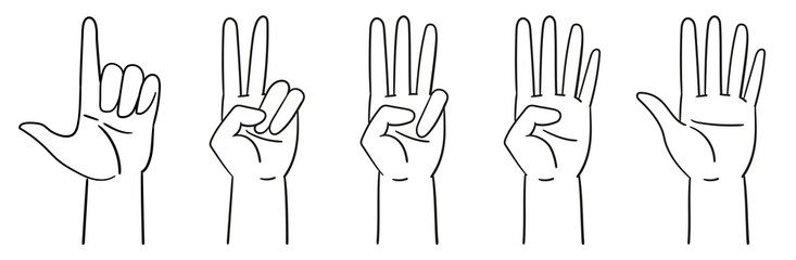 Designation of numbers with hands, gestures. Counting to five - hands. Vector illustration isolated on white. line art.
