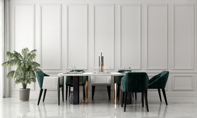 The luxury dininig room interior design and white pattern wall background.
