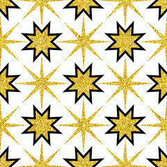 Digital scrapbooking paper with shiny gold stars. Seamless pattern