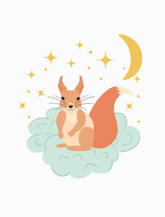 Squirrel illustration, children's illustration of a squirrel, a squirrel sits on a cloud among the stars