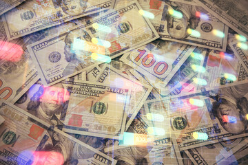 Double exposure of data theme drawing over us dollars bill background. Technology concept.