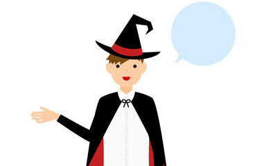 ハロウィンの仮装、魔法使い姿の男の子が右手を出して話しているポーズ（吹き出しつき）