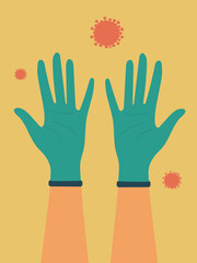 Human hands in blue medical protective gloves on a yellow background, and bacteria and viruses are flying around. Hygiene and disinfection concept. 