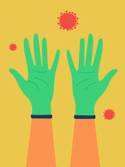 Human hands in blue medical protective gloves on a yellow background, and bacteria and viruses are flying around. Hygiene and disinfection concept. Vector.