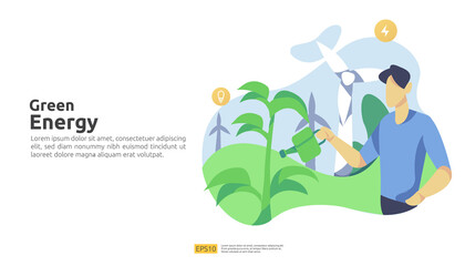 Obraz premium Environmental concept for green clean energy sources with renewable electric sun solar panel and wind turbines. suitable for web landing page template, banner, presentation, social, and print media