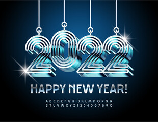 Vector trendy Greeting Card Happy New Year with futuristic Christmas Toys 2022! Silver Alphabet Letters and Numbers set. Metallic modern Font