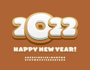 Vector sweet Greeting Card Happy New Year 2022! Tasty Alphabet Letters and Numbers set. Frosted cookie Font