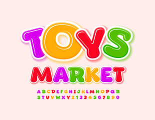 Vector business logo Toys Market. Playful bright Font. Colorful set of Alphabet Letters and Numbers