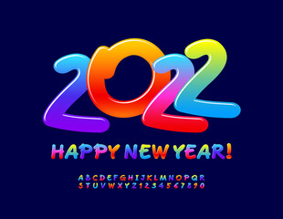 Vector bright Greeting Card Happy New Year 2022! Gradient color Font. Set of Artistic Alphabet Letters and Numbers