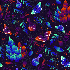 Fototapeta na wymiar Seamless pattern with space butterfly, crystals, herbs, stars on purple background. Contemporary composition. Trendy texture for print, textile, packaging.