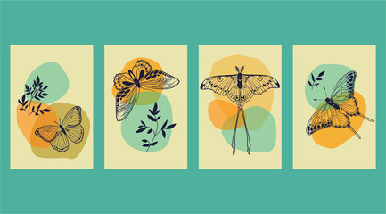 Vector seamless set pattern with cosmic butterflies and leaves. Contemporary composition.