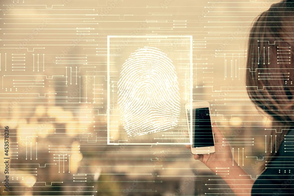 Poster double exposure of fingerprint hologram and woman holding and using a mobile device. security concep