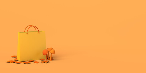 Fall season shopping banner. Shopping bag with mushrooms dry and falling leaves. 3D illustration. Space for promotional copy, discount or sales.