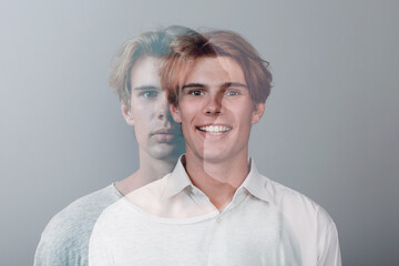 Multiple exposure portrait of young european caucasian man with positive smile and serious sad...