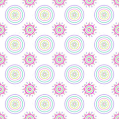 Abstract graphics seamless with pastel  colored overlapping circles and eight pointed stars pattern on a white background. Vector flat design creative for fabric, wrapping, textile, wallpaper, apparel