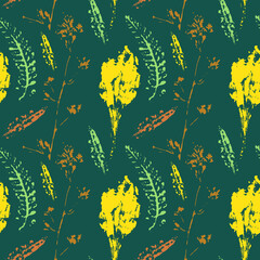 Vector Pattern Of Leaf Prints . Colored Vegetable Stamps . modern seamless design . blank for textiles, packaging, printed products, wallpaper . leaves and branches are different in shape . Autumn 