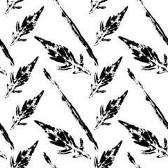 black and white leaf prints . vector Seamless pattern , stamp leaves grass. monotype . autumn motif for printing . suitable for fabric, wallpaper, modern design , minimalistic autumn background