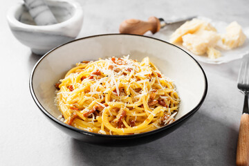 Dish of Spaghetti alla Carbonara, classic italian recipe of pasta with guanciale, egg yolk and parmesan cheese.