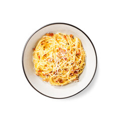 Dish of Spaghetti alla Carbonara, classic italian recipe of pasta with guanciale, egg yolk and parmesan cheese. Isolated on white background. Top view.