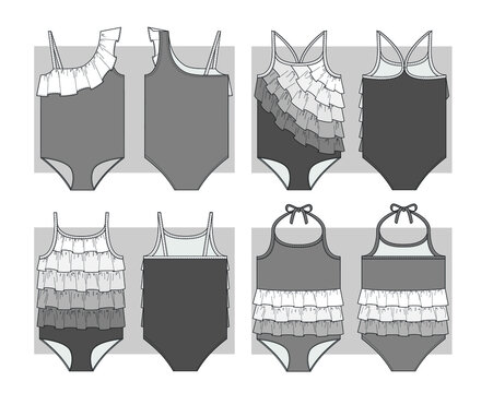 Set of one-piece swimsuits with ruffles. Technical scketch.