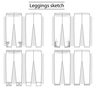 Technical Sketches Of Leggings With Ruffles And Bows.