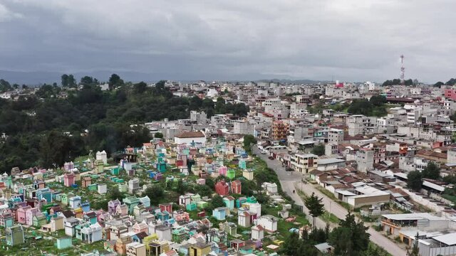 Aerial view colorful cemetery. Cityscape with Mayan religious graves in a cemetery in Guatemala.