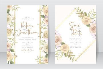 Fototapeta na wymiar Beautiful wedding invitation card template with rose and leaf decoration